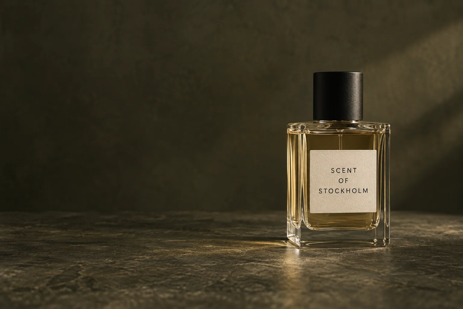 Konceptbild: Scent of Stockholm-parfym i varmt ljus mot olivgrön sten